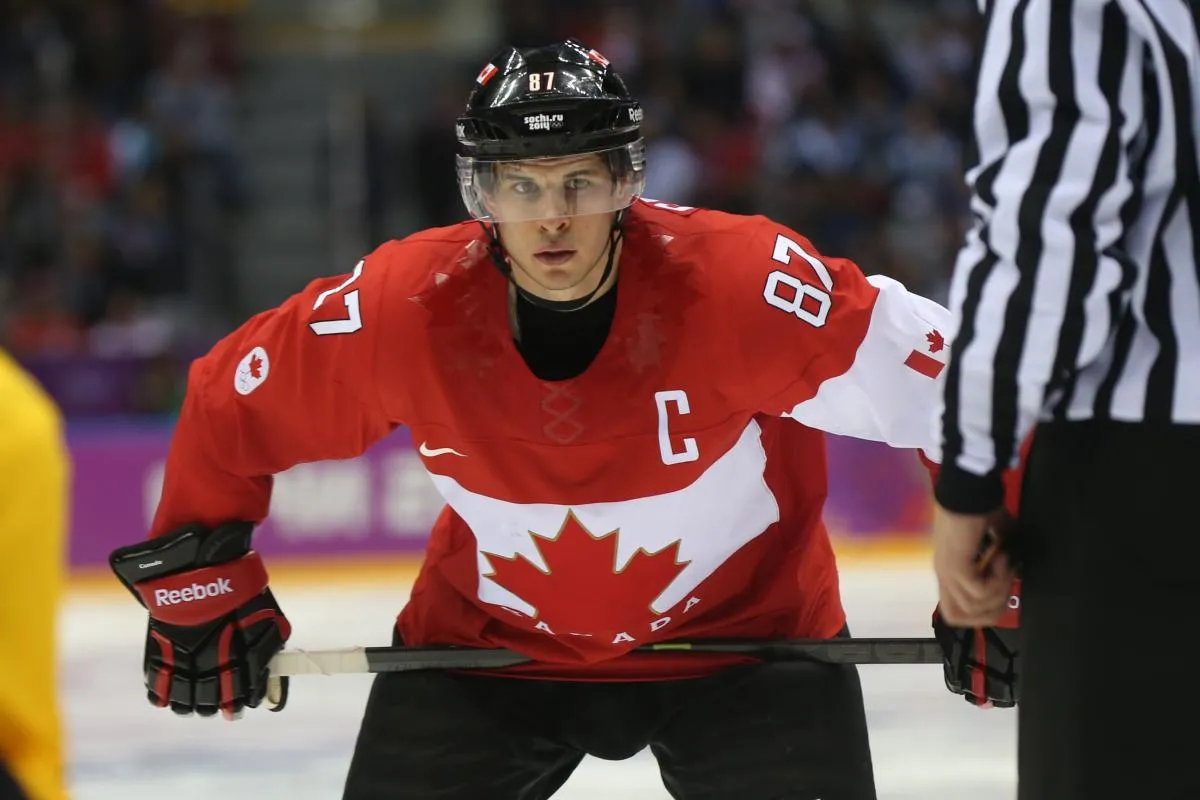 Canada forward Sidney Crosby (87) prepares for the face-off against Sweden in the men's ice hockey gold medal game during the Sochi 2014 Olympic Winter Games at Bolshoy Ice Dome.