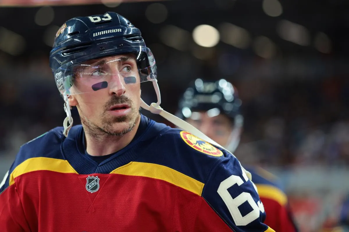 Florida Panthers left wing Brad Marchand (63) looks on prior to the third period in the 2026 Winter Classic ice hockey game against the New York Rangers at loanDepot Park.