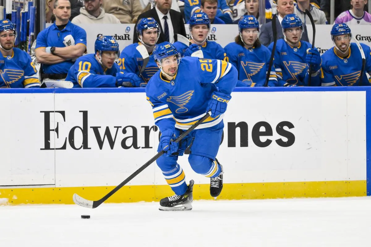 St. Louis Blues right wing Jordan Kyrou (25) controls the puck against the Vegas Golden Knights during the second period at Enterprise Center.