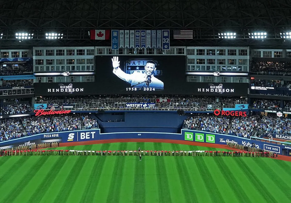 A general view of the Rogers Centre during the opening day ceremonies for a moment of silence for former Toronto Blue Jays Ricky Henderson before a game against the Baltimore Orioles.