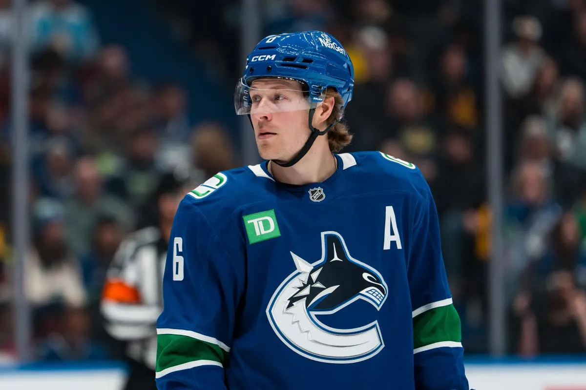 Vancouver Canucks forward Brock Boeser (6) during a stop in play against the Pittsburgh Penguins in the first period at Rogers Arena.