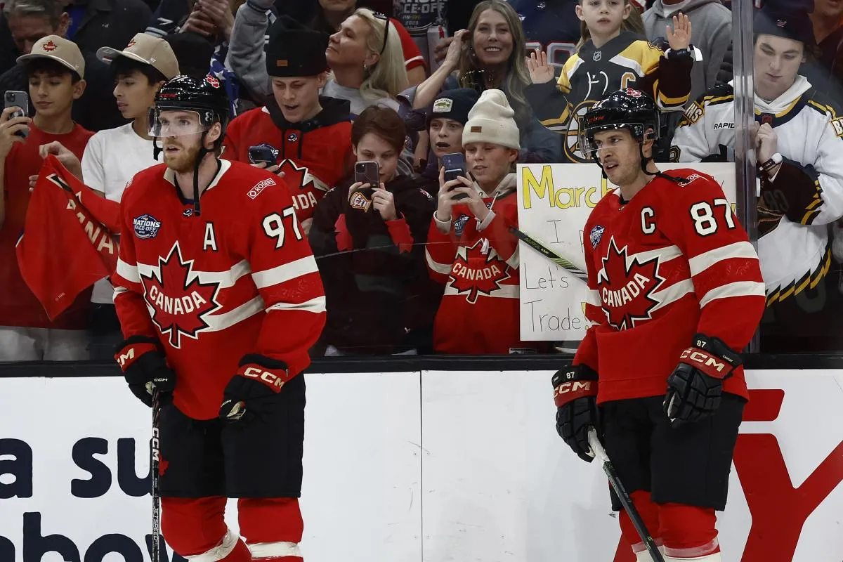 [Imagn Images direct customers only] Team Canada forwards Connor McDavid (97) and center Sydney Crosby (87) before the 4 Nations Face-Off ice hockey championship game against the United States at TD Garden.
