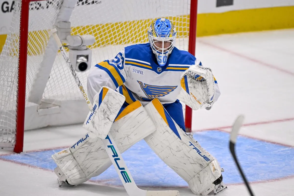St. Louis Blues goaltender Jordan Binnington (50) faces the Dallas Stars attack during the third period at the American Airlines Center.