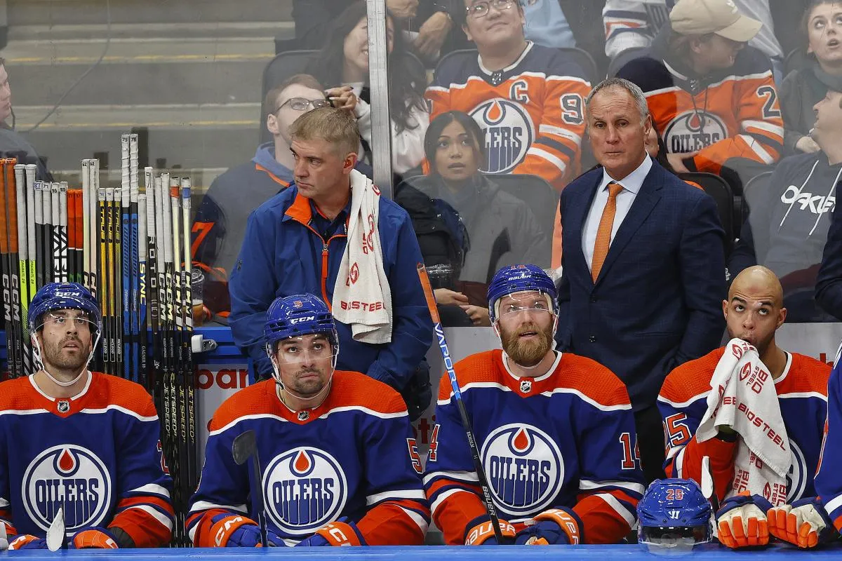 Edmonton Oilers Assistant Coach Paul Coffey looks on from the bench against the New York Islanders at Rogers Place.