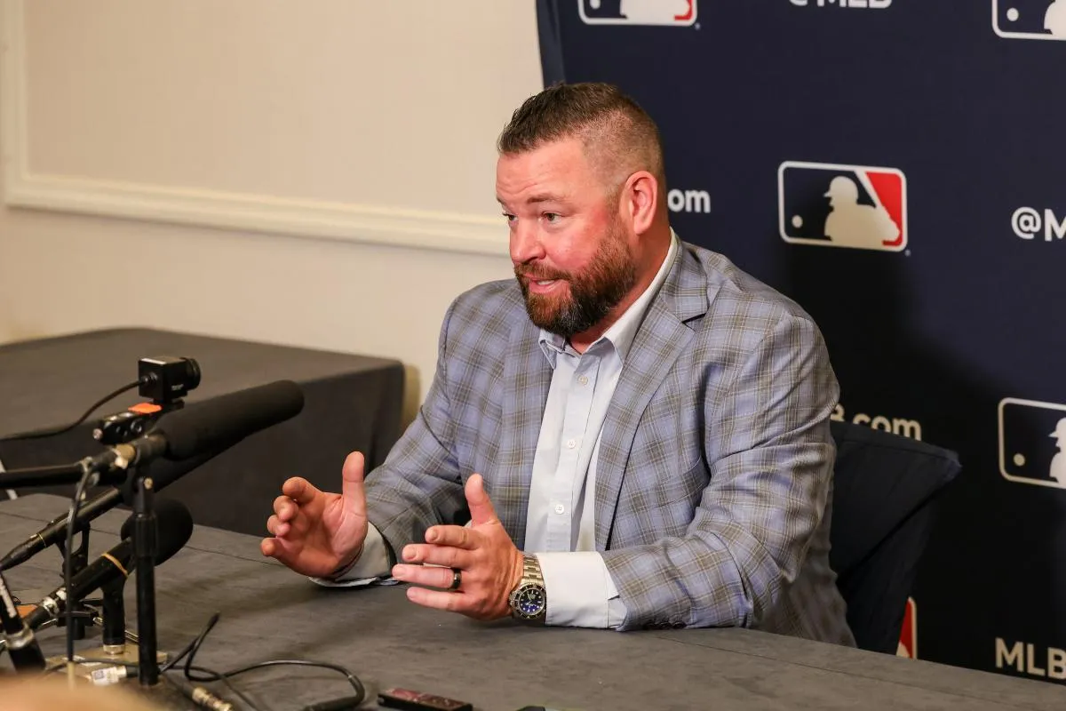 Toronto Blue Jays manager John Schneider speaks with the media during the 2025 MLB Winter Meetings at Signia by Hilton Hotel.