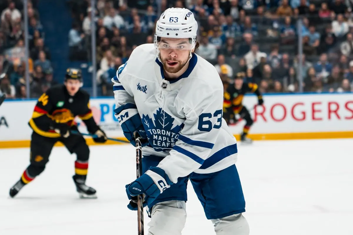 Toronto Maple Leafs forward Matias Maccelli (63) skates against the Vancouver Canucks in the third period at Rogers Arena.