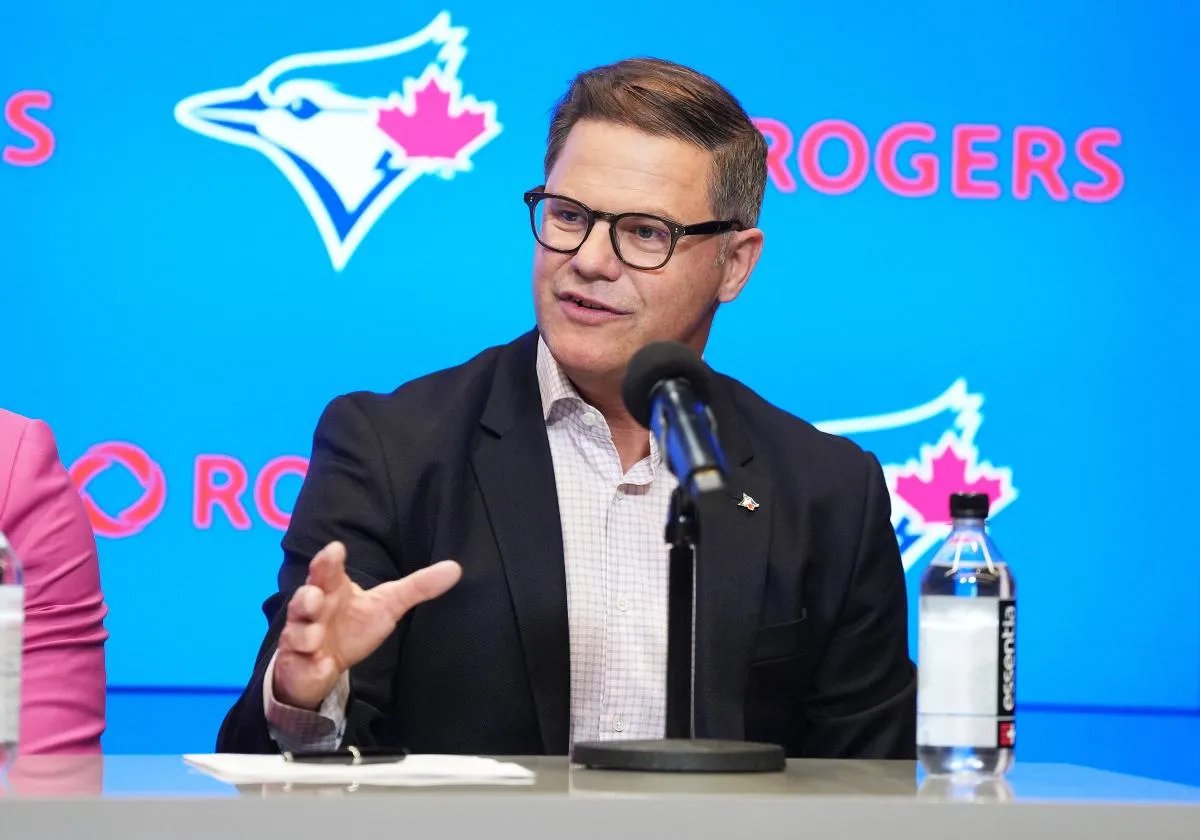 Toronto Blue Jays general manger Ross Atkins speaks to the media during the press conference at Rogers Centre.