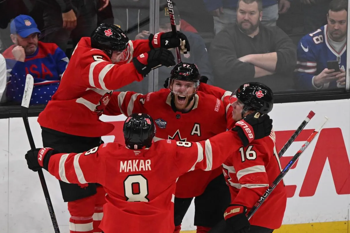 [Imagn Images direct customers only] Team Canada forward Connor McDavid (97) celebrates scoring in overtime to win with defenseman Devon Toews (5) and defenseman Cale Makar (8) and forward Mitch Marner (16) against Team USA during the 4 Nations Face-Off ice hockey championship game at TD Garden.