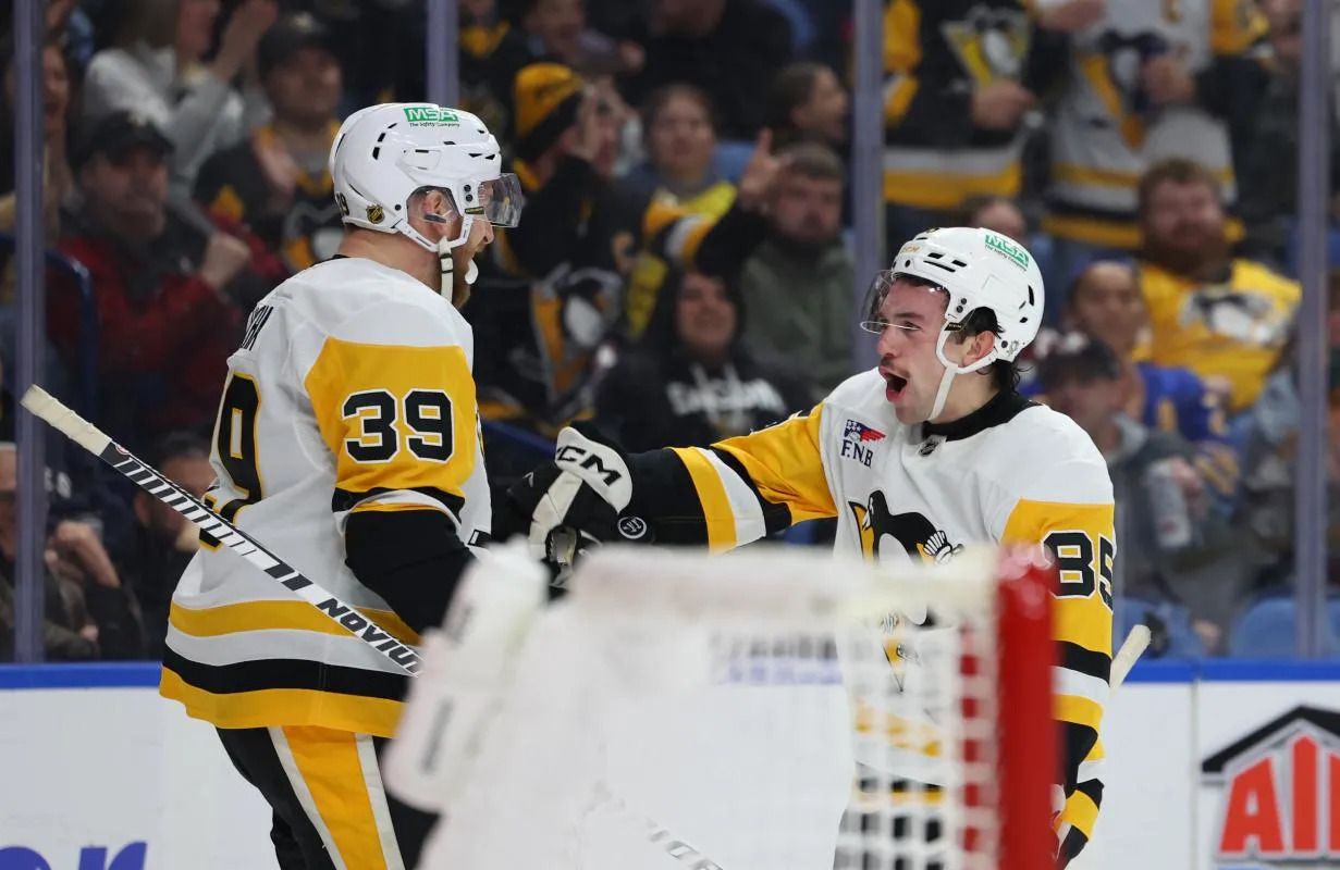 Pittsburgh Penguins right wing Avery Hayes (85) reacts after scoring his second goal of the game during the first period against the Buffalo Sabres at KeyBank Center.