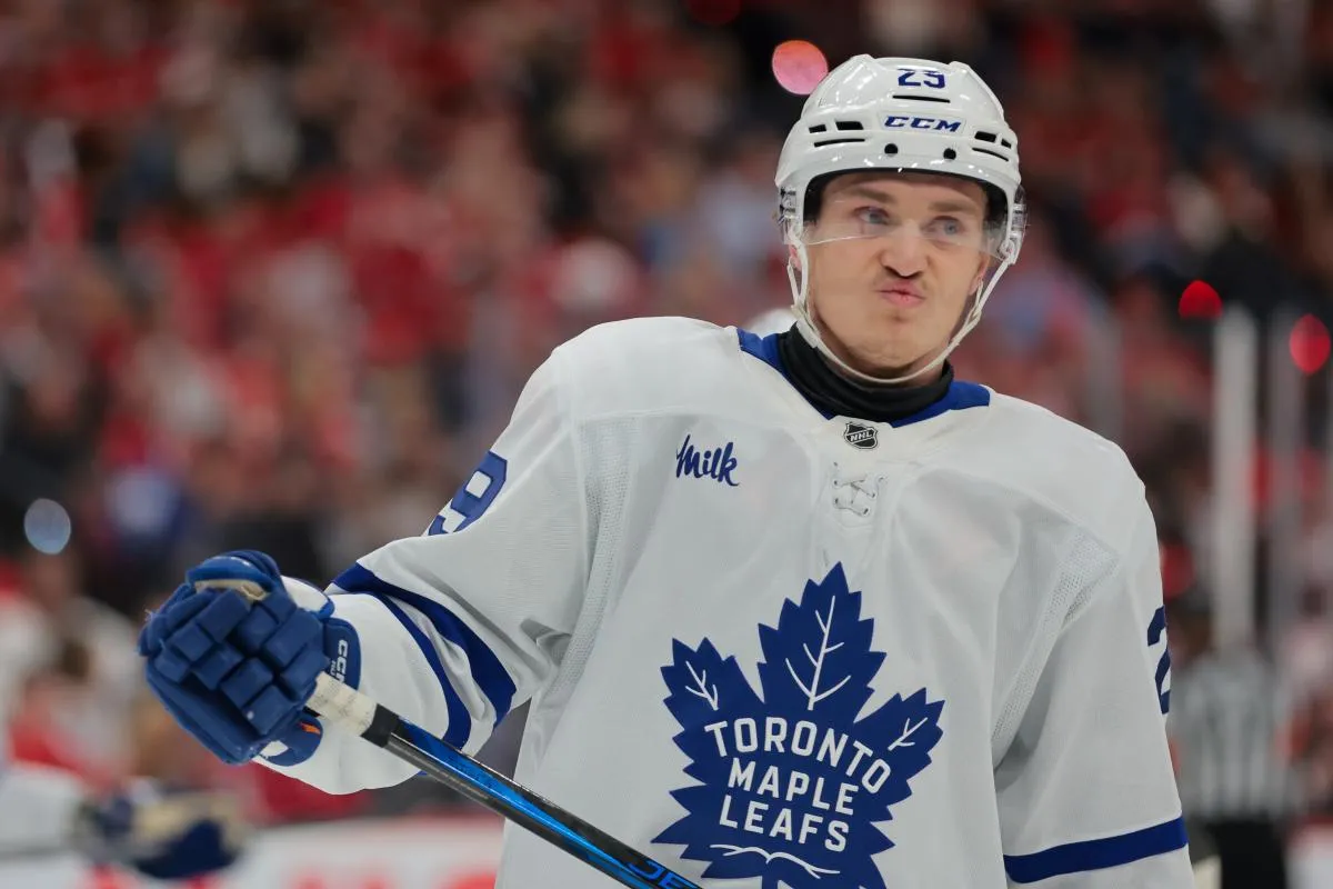 Toronto Maple Leafs right wing Pontus Holmberg (29) looks on against the Florida Panthers during the first period in game six of the second round of the 2025 Stanley Cup Playoffs at Amerant Bank Arena