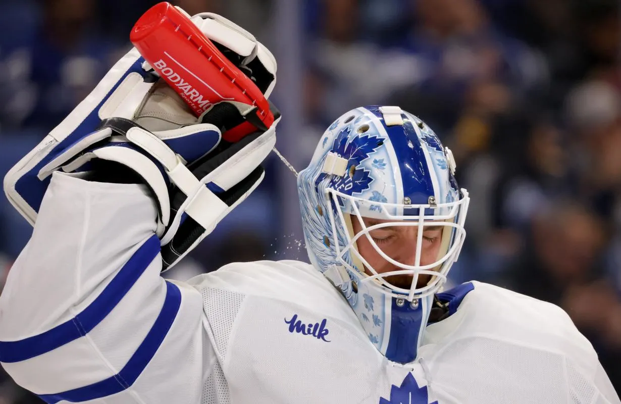 Toronto Maple Leafs goaltender Matt Murray (30) sprays himself with water during a stoppage in play against the Buffalo Sabres at KeyBank Center.