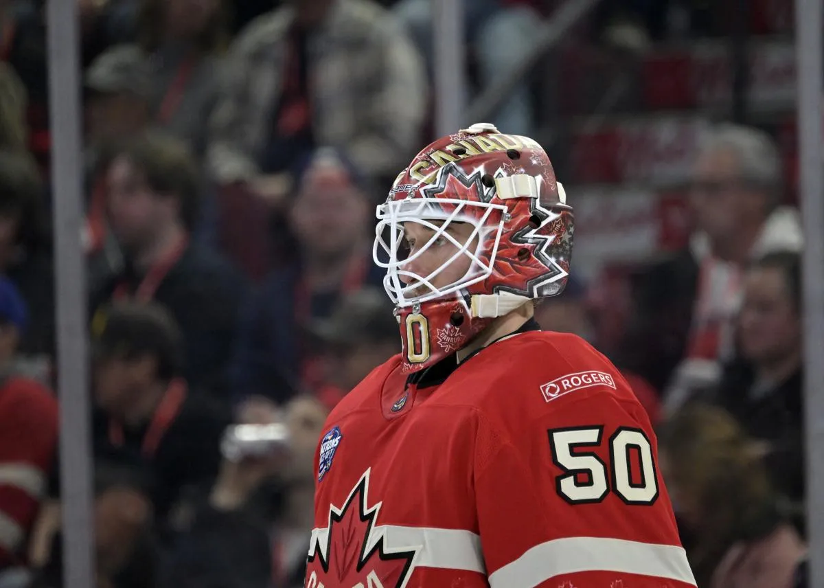 [R&eacute;serv&eacute; aux clients directs d'Imagn Images] Le gardien de but de l'&eacute;quipe canadienne, Jordan Binnington (50), lors de la troisi&egrave;me p&eacute;riode d'un match de hockey sur glace du Tournoi des 4 Nations contre l'&eacute;quipe des &Eacute;tats-Unis au Centre Bell.