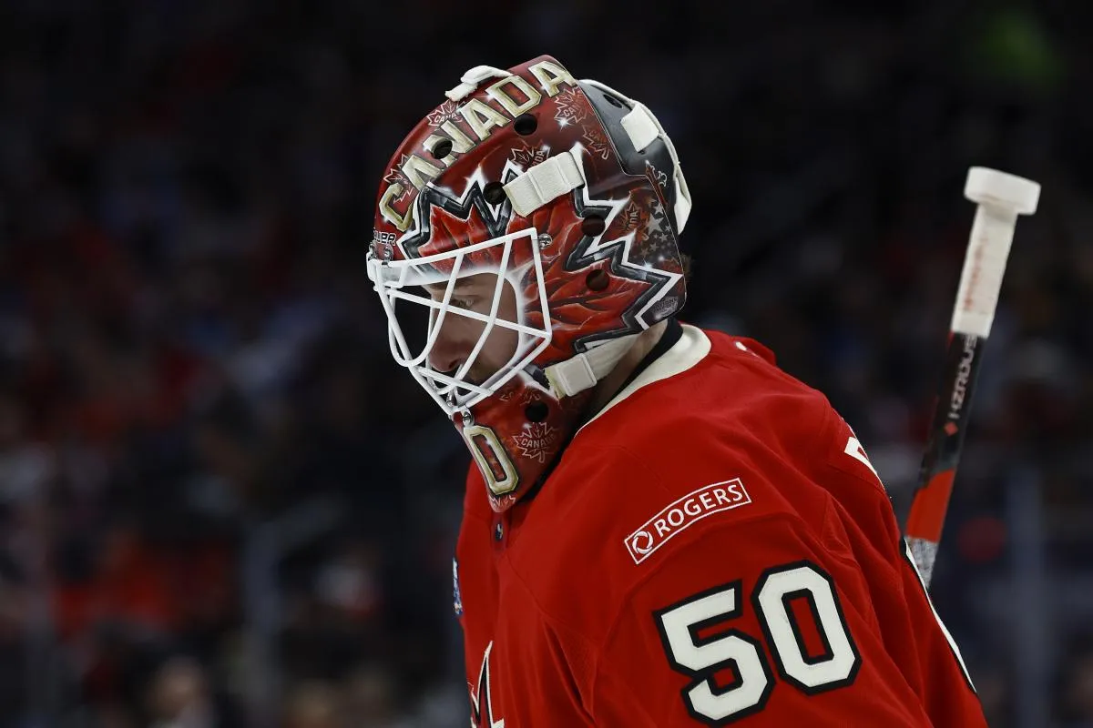 [R&eacute;serv&eacute; aux clients directs d'Imagn Images] Le gardien de but de l'&eacute;quipe canadienne Jordan Binnington (50) lors du match de championnat de hockey sur glace 4 Nations Face-Off contre les &Eacute;tats-Unis au TD Garden.