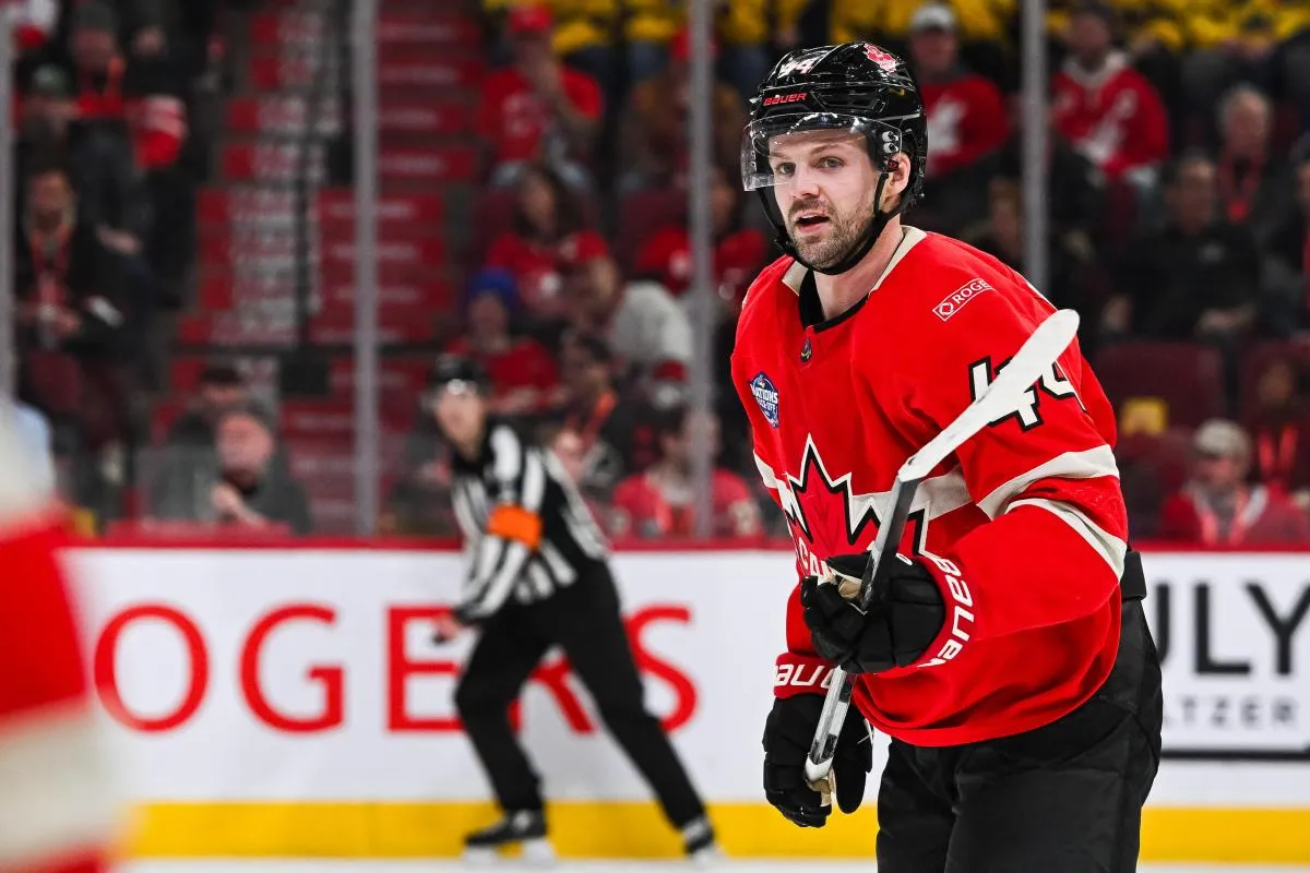 [Imagn Images direct customers only] Team Canada defenseman Josh Morrissey (44) looks on against Team Sweden in the second period during a 4 Nations Face-Off ice hockey game at Bell Centre.