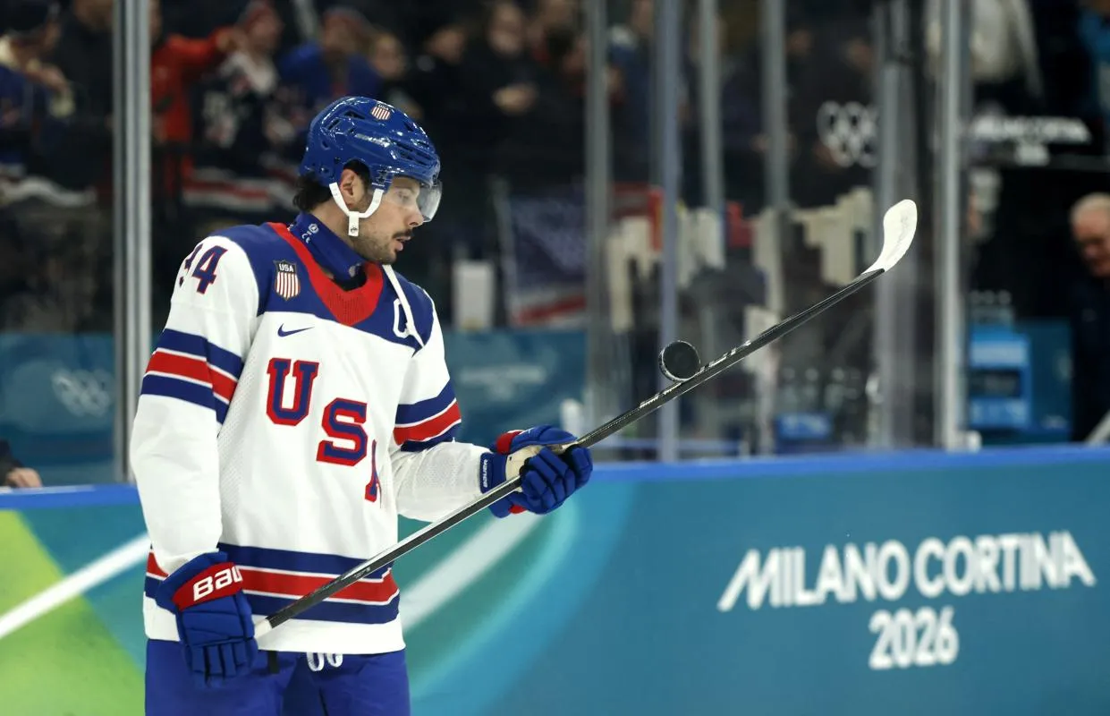 Auston Matthews of United States during the warm up before the match against Latvia in men's ice hockey group C play during the Milano Cortina 2026 Olympic Winter Games at Milano Santagiulia Ice Hockey Arena
