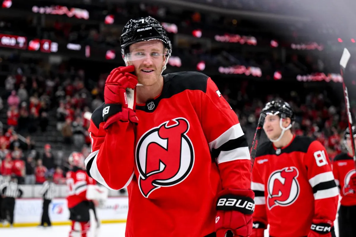 New Jersey Devils defenseman Dougie Hamilton (7) reacts after winning against the Minnesota Wild at Prudential Center