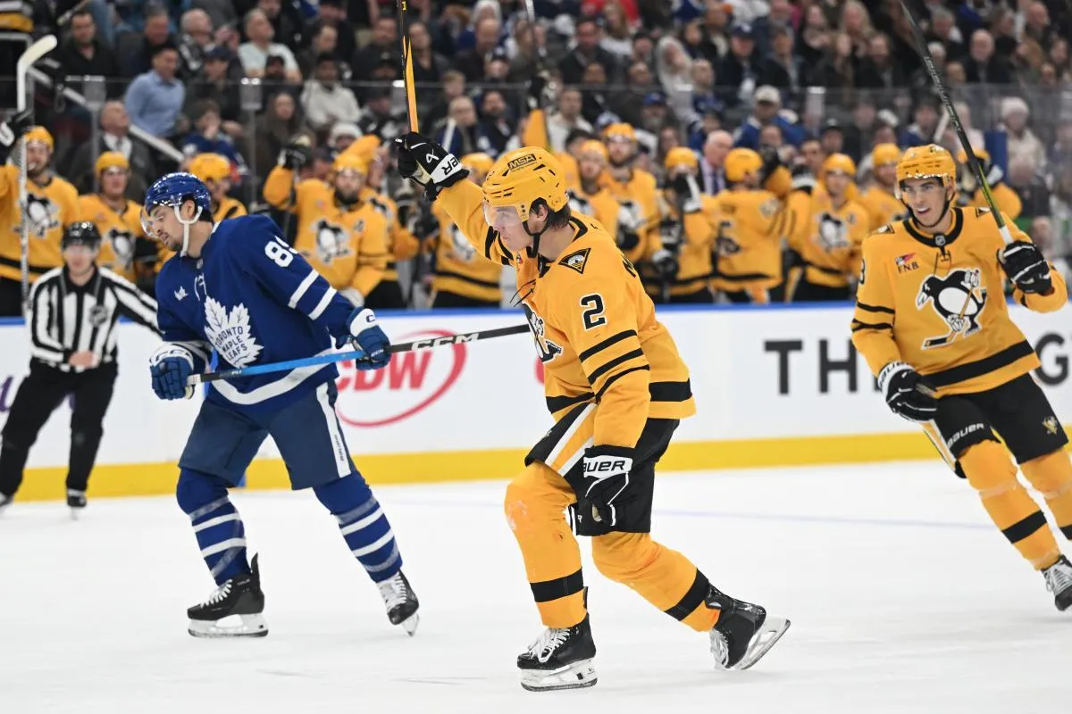 Pittsburgh Penguins forward Rutger McGroarty (2) celebrates after scoring a goal against the Toronto Maple Leafs in the second period at Scotiabank Arena.