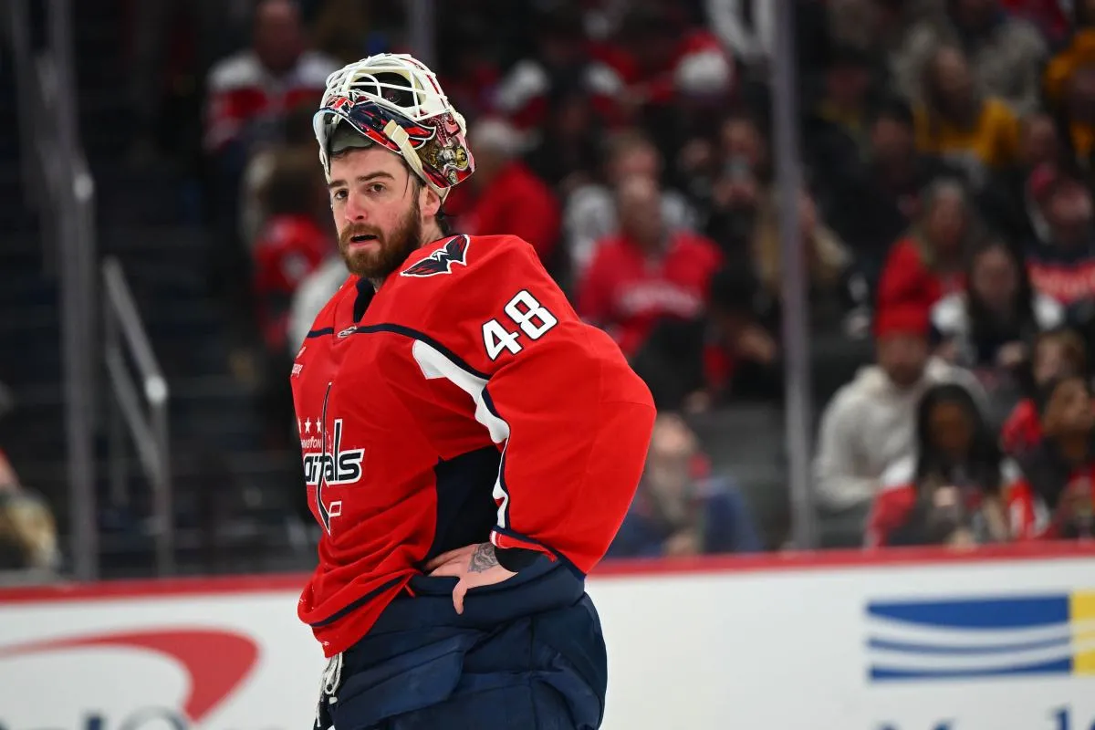 Washington Capitals goaltender Logan Thompson (48) looks on against the Nashville Predators during the second period at Capital One Arena.