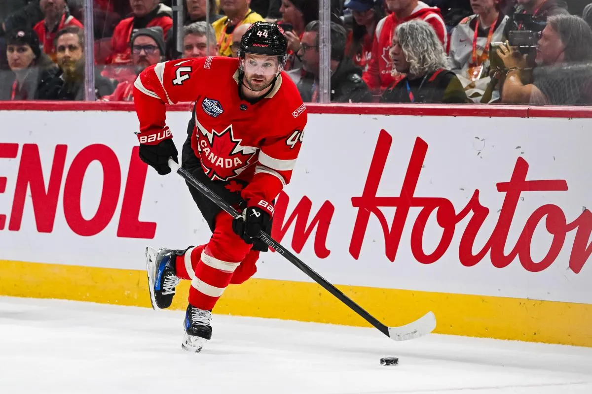 [Imagn Images direct customers only] Team Canada defenseman Josh Morrissey (44) plays the puck against Team Sweden in the second period during a 4 Nations Face-Off ice hockey game at Bell Centre.