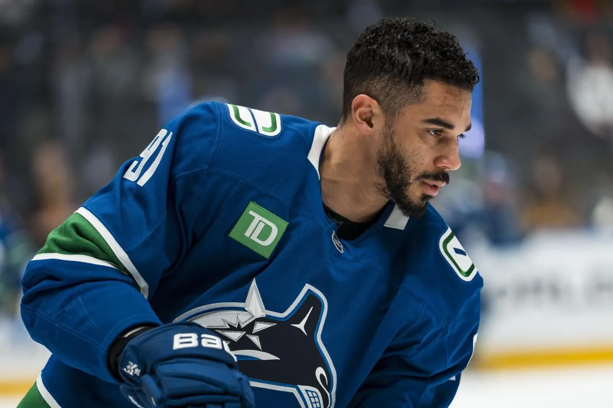 Vancouver Canucks forward Evander Kane (91) skates in warm up prior to a game against the San Jose Sharks at Rogers Arena.
