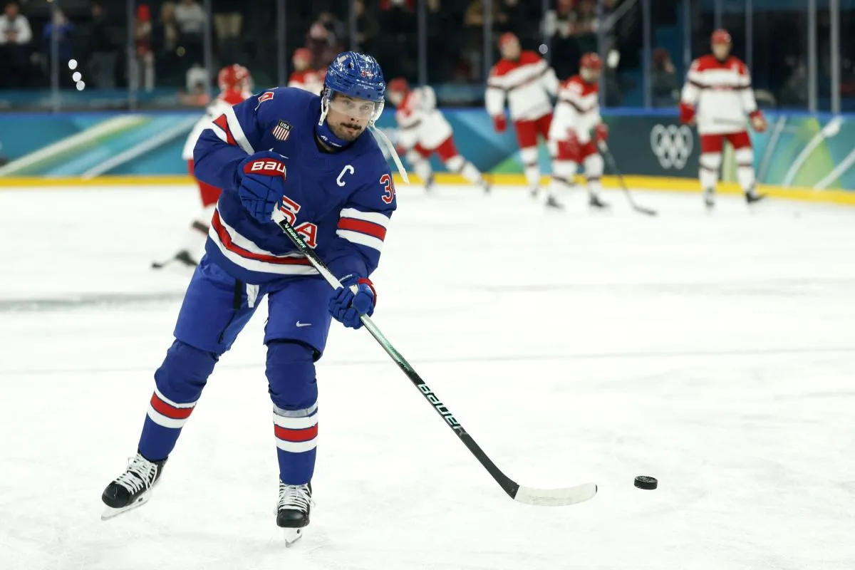 Auston Matthews of United States during the warm up before the match against Denmark in men's ice hockey group C play during the Milano Cortina 2026 Olympic Winter Games at Milano Santagiulia Ice Hockey Arena.