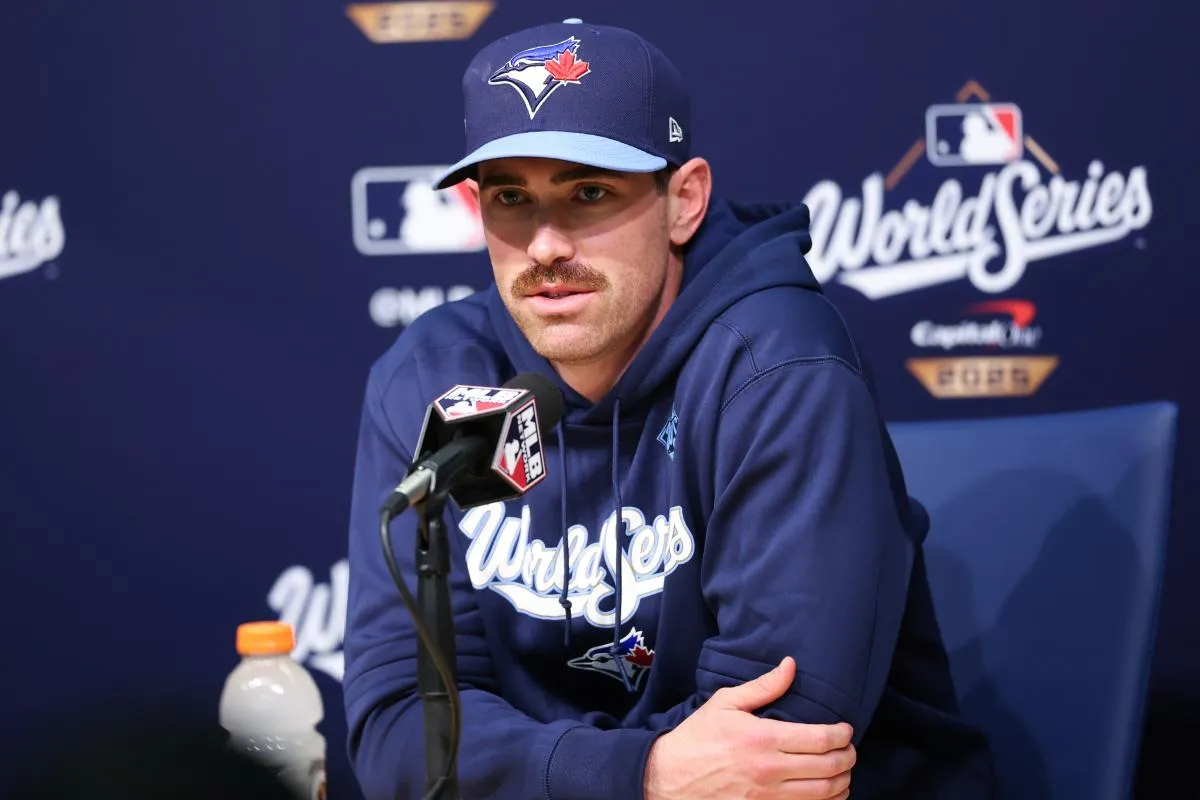 Toronto Blue Jays pitcher Shane Bieber (57) speaks at the postgame press conference after the game against the Los Angeles Dodgers during game four of the 2025 MLB World Series at Dodger Stadium.