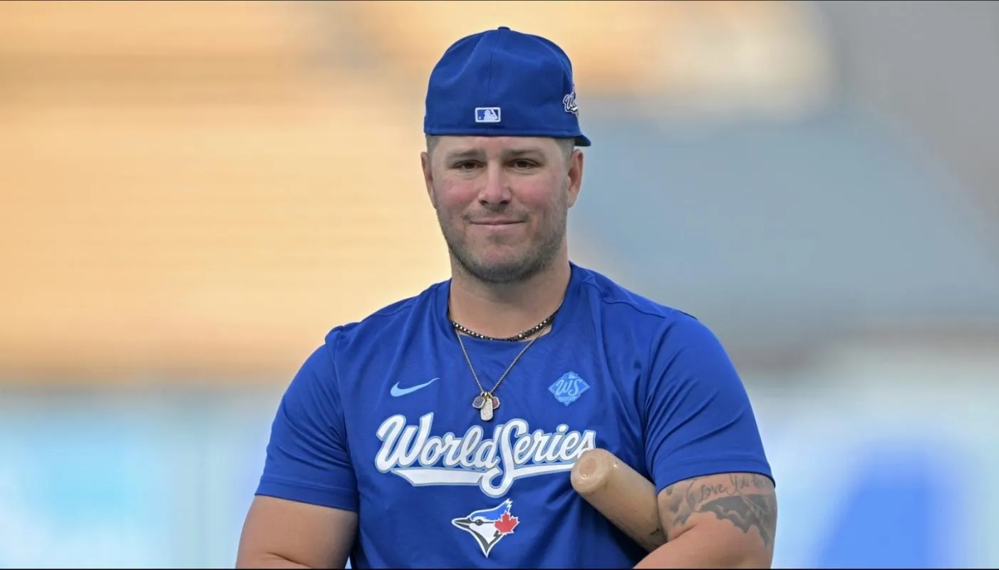 Toronto Blue Jays outfielder Ty France (2) takes batting practice during World Series workouts prior to game 3 against the Los Angeles Dodgers at Dodger Stadium.