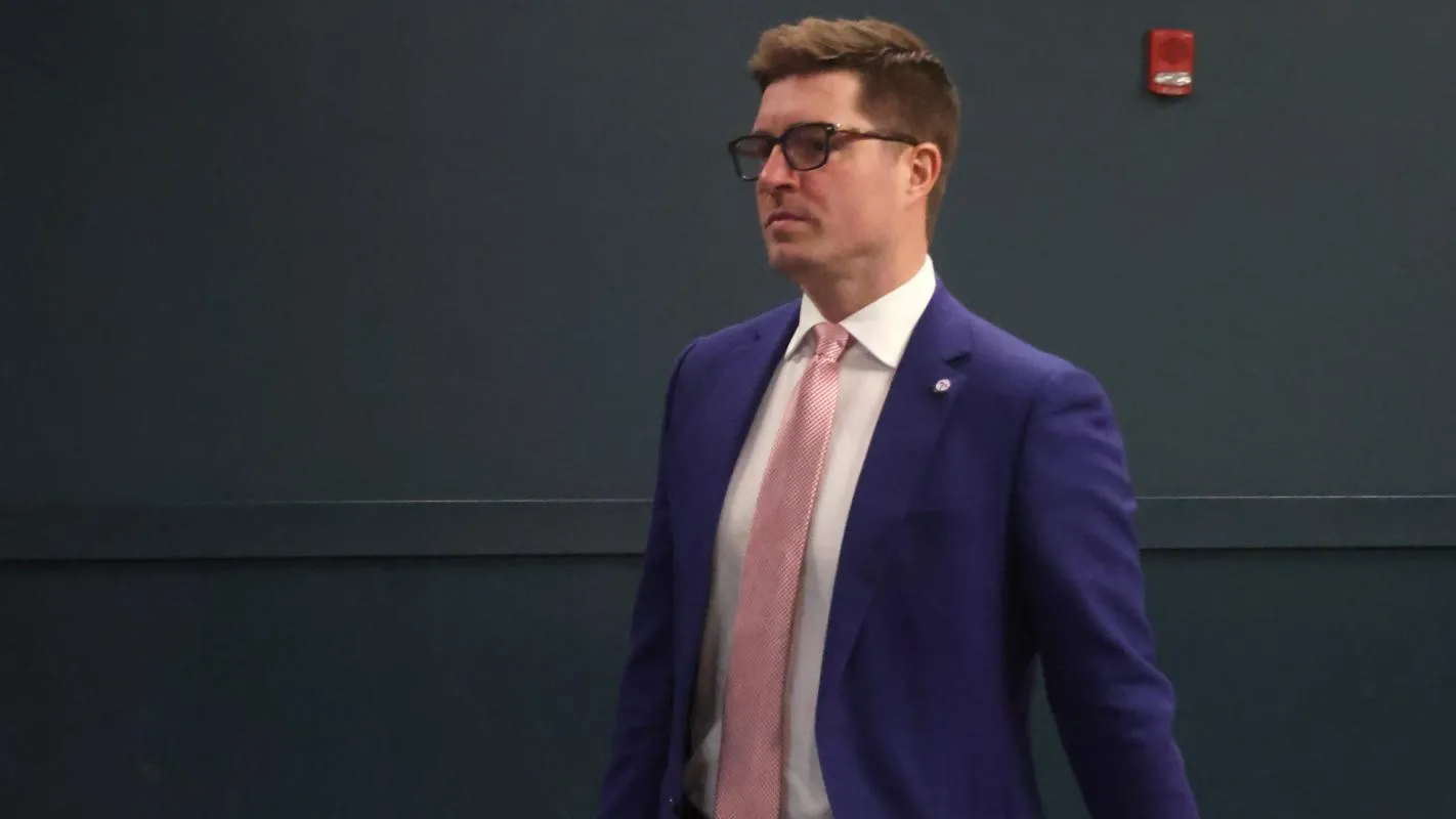 Pittsburgh Penguins general manager Kyle Dubas arrives at the arena before the Penguins host the Seattle Kraken at PPG Paints Arena.