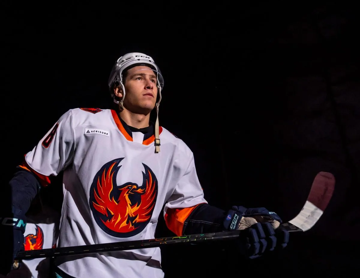 Coachella Valley Firebirds center David Goyette heads for the ice before their game at Acrisure Arena in Palm Desert, Calif., Wednesday, Jan. 7, 2026.