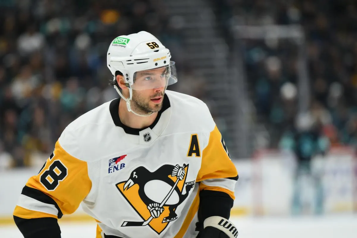 Pittsburgh Penguins defenseman Kris Letang (58) during the third period against the Seattle Kraken at Climate Pledge Arena.