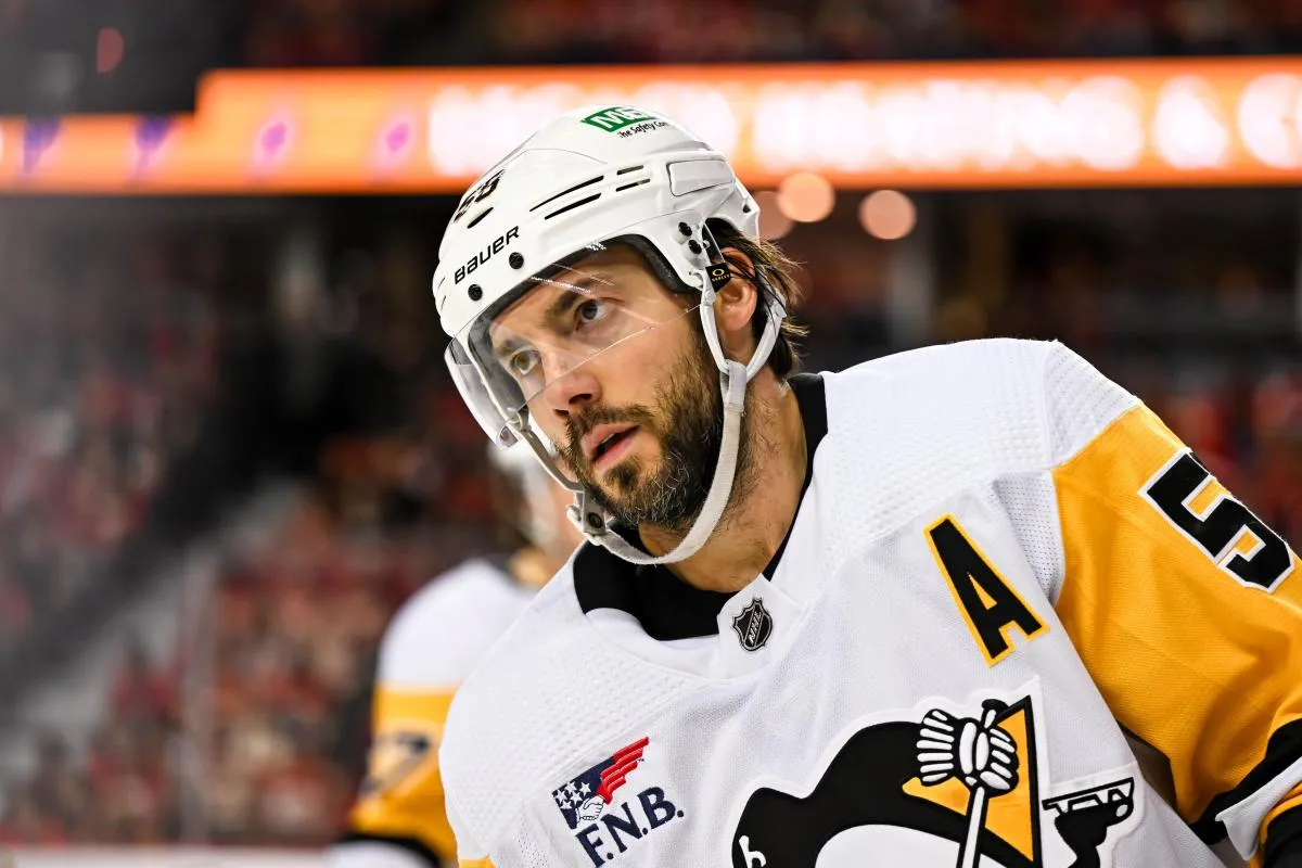 Pittsburgh Penguins defenseman Kristopher Letang (58) looks on between plays during the second period of a game against the Calgary Flames at Scotiabank Saddledome.