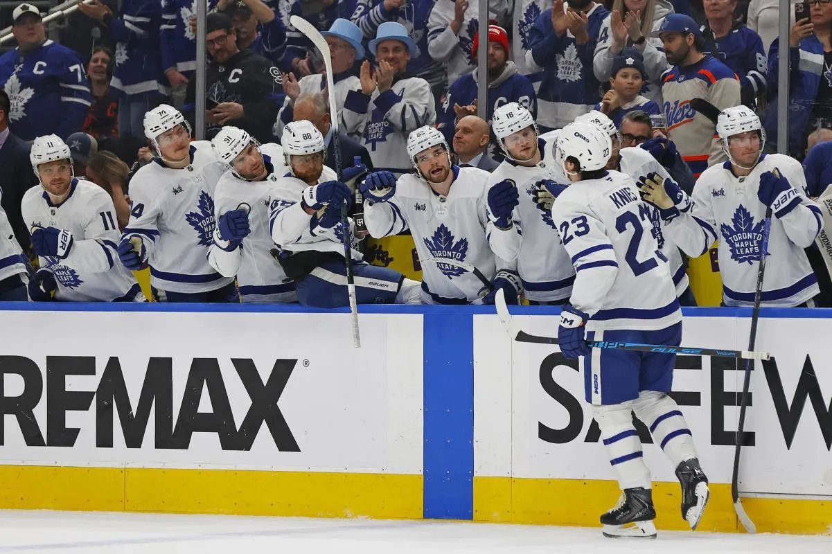 The Toronto Maple Leafs celebrate a goal scored by forward Matthew Knies (23) during the second period against the Edmonton Oilers at Rogers Place.