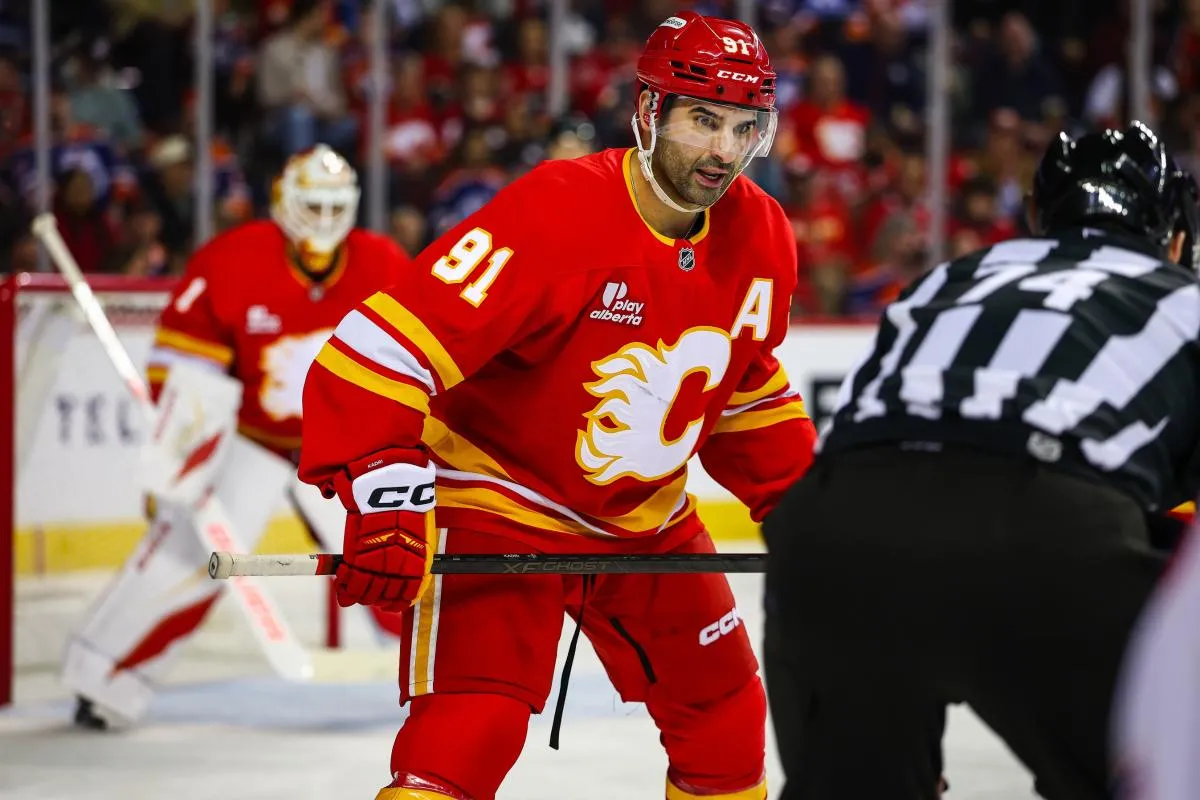Calgary Flames center Nazem Kadri (91) against the Edmonton Oilers during the third period at Scotiabank Saddledome.