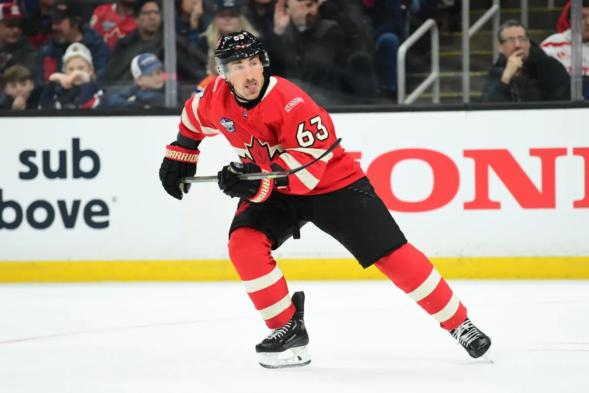[Imagn Images direct customers only] Team Canada forward Brad Marchand (63) skates during the first period in a 4 Nations Face-Off ice hockey game against Team Finland at TD Garden.
