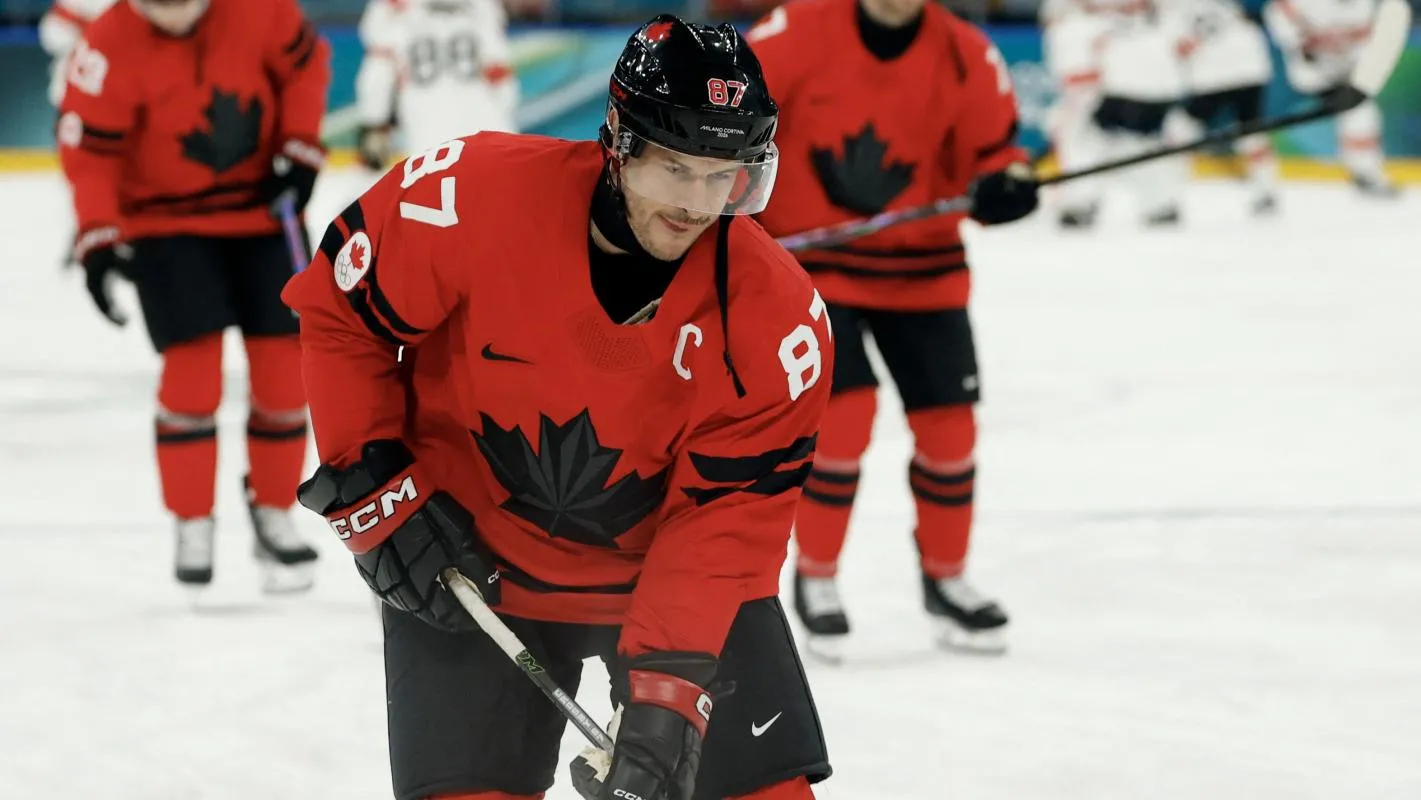 Sidney Crosby of Canada during the warm up before the match against Switzerland in men's ice hockey group A play during the Milano Cortina 2026 Olympic Winter Games at Milano Santagiulia Ice Hockey Arena.