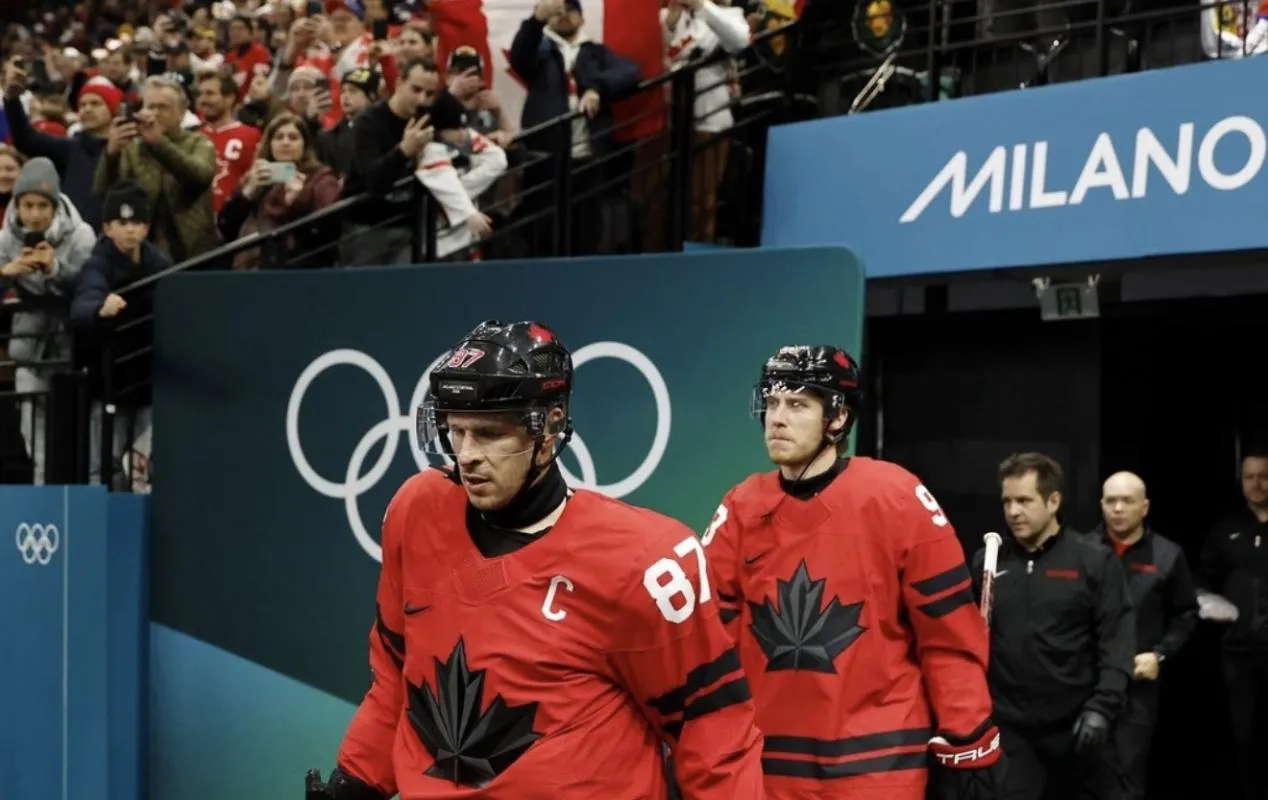 Sidney Crosby of Canada walks out to the ice before a men's ice hockey quarterfinal during the Milano Cortina 2026 Olympic Winter Games at Milano Santagiulia Ice Hockey Arena.