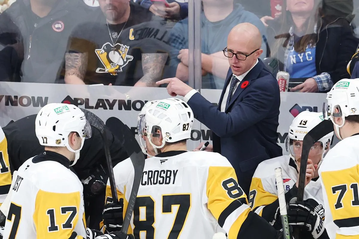 Pittsburgh Penguins head coach Dan Muse instructs players during a time out against the Winnipeg Jets in the third period at Canada Life Centre.