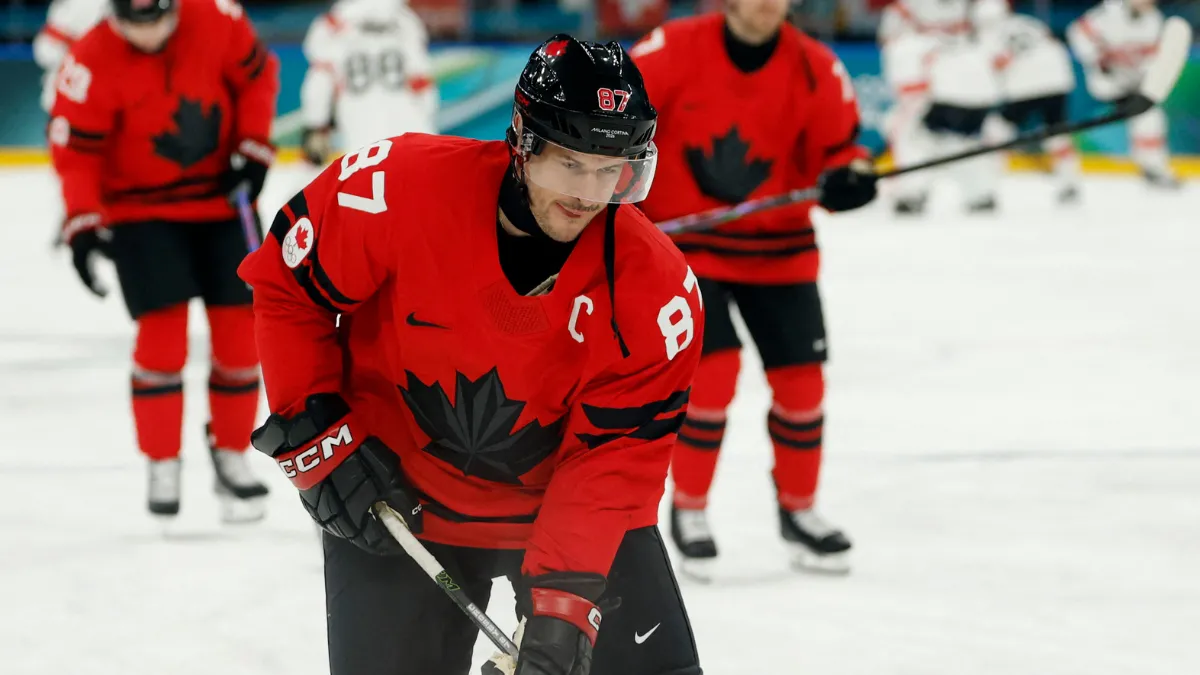 Sidney Crosby of Canada during the warm up before the match against Switzerland in men's ice hockey group A play during the Milano Cortina 2026 Olympic Winter Games at Milano Santagiulia Ice Hockey Arena.