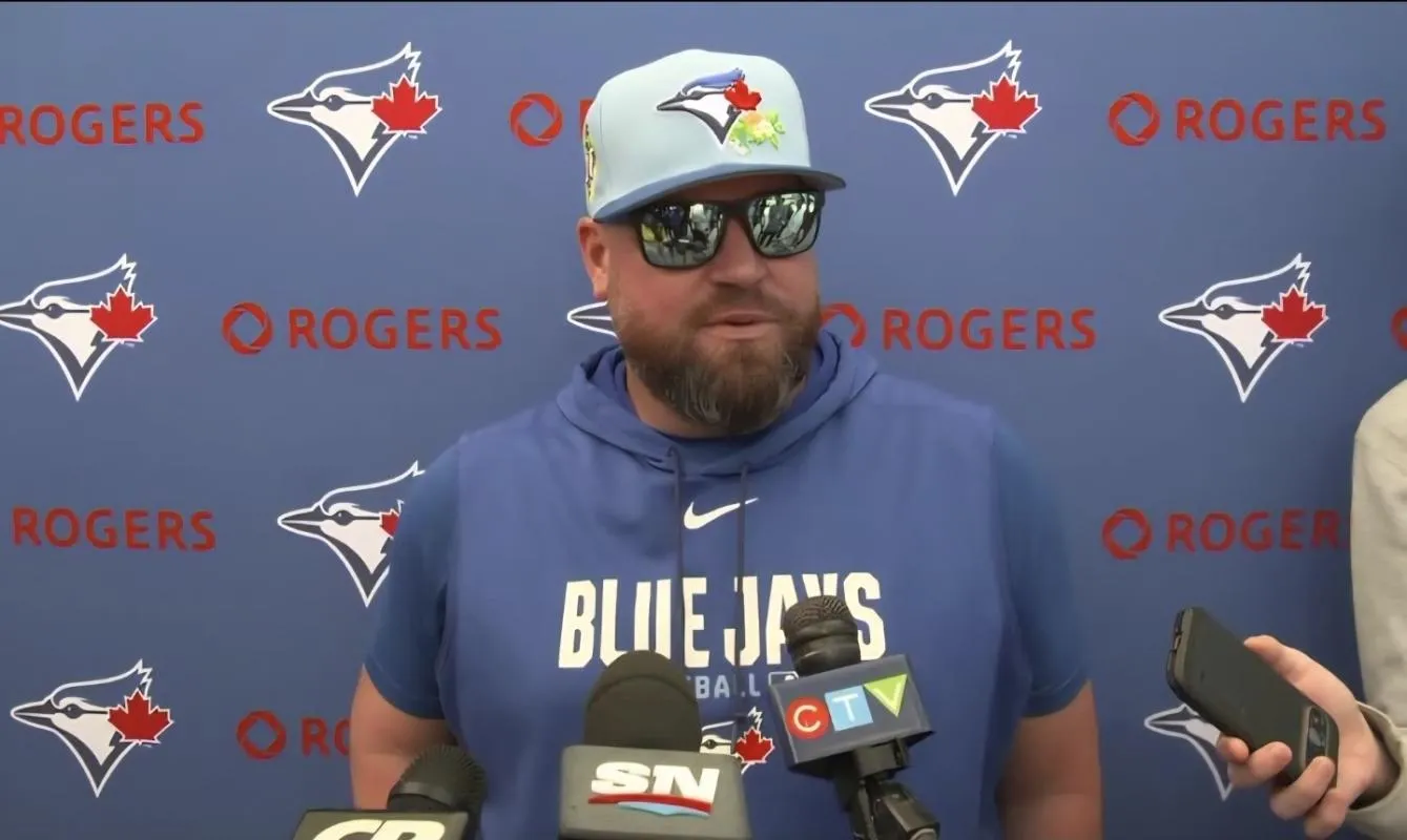 February 17, 2026:  Toronto Blue Jays manager John Schneider addressing the media in Dunedin Florida USA.