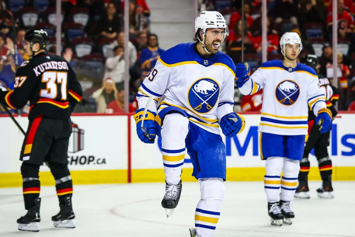Buffalo Sabres right wing Alex Tuch (89) celebrates his goal against the Calgary Flames during the third period at Scotiabank Saddledome.
