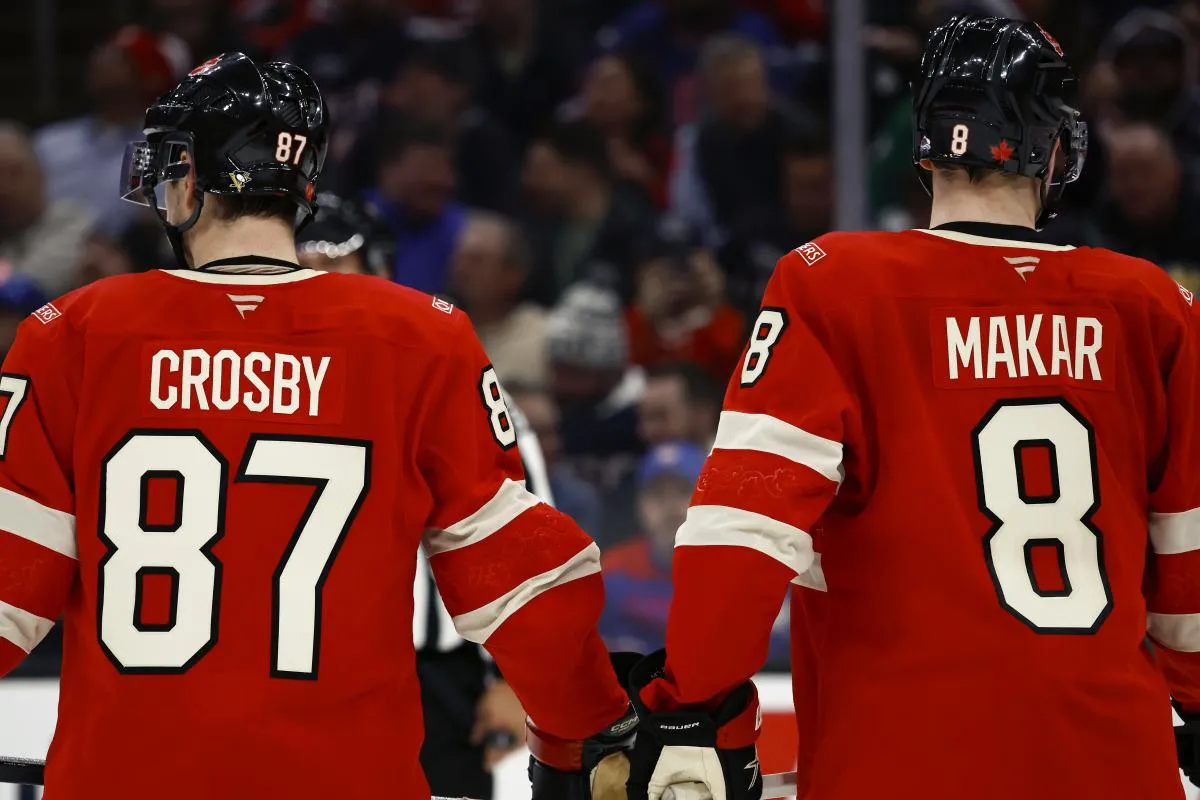 [Imagn Images direct customers only] Team Canada defenseman Cale Makar (8) and forward Sydney Crosby (87) during the 4 Nations Face-Off ice hockey championship game against the United States at TD Garden.