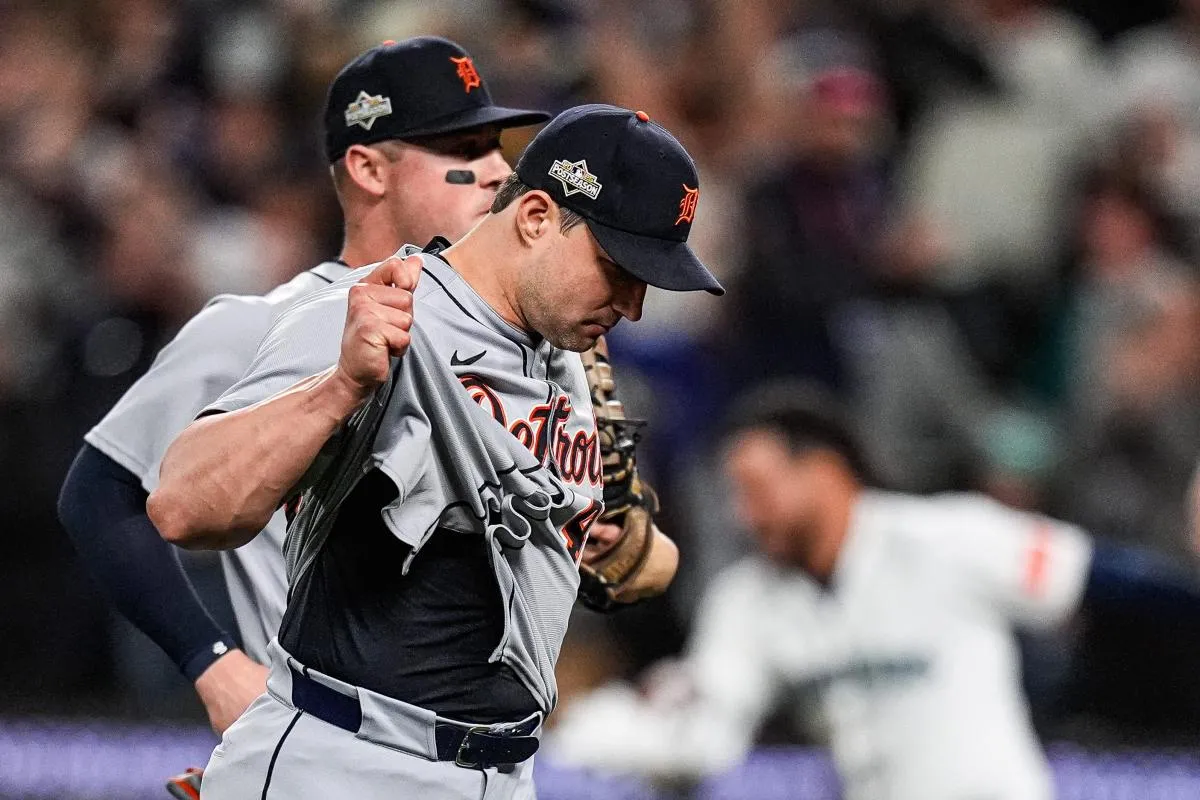 Detroit Tigers pitcher Tommy Kahnle (43) and first baseman Spencer Torkelson (20) walk off the field after 3-2 loss to Seattle Mariners in 15 innings at ALDS Game 5 at T-Mobile Park in Seattle on Friday, Oct. 10, 2025.