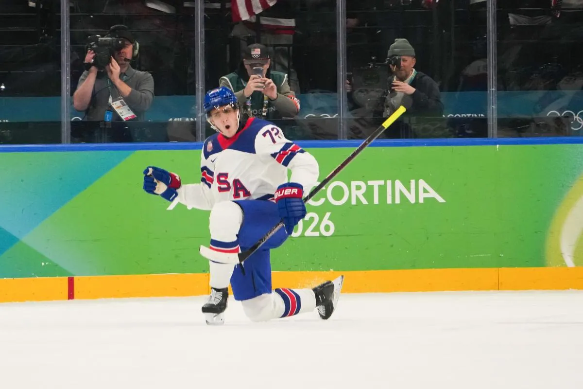 Tage Thompson (72) of the United States celebrates after scoring a goal during the first period against Slovakia in a men's ice hockey semifinal during the Milano Cortina 2026 Olympic Winter Games at Milano Santagiulia Ice Hockey Arena.