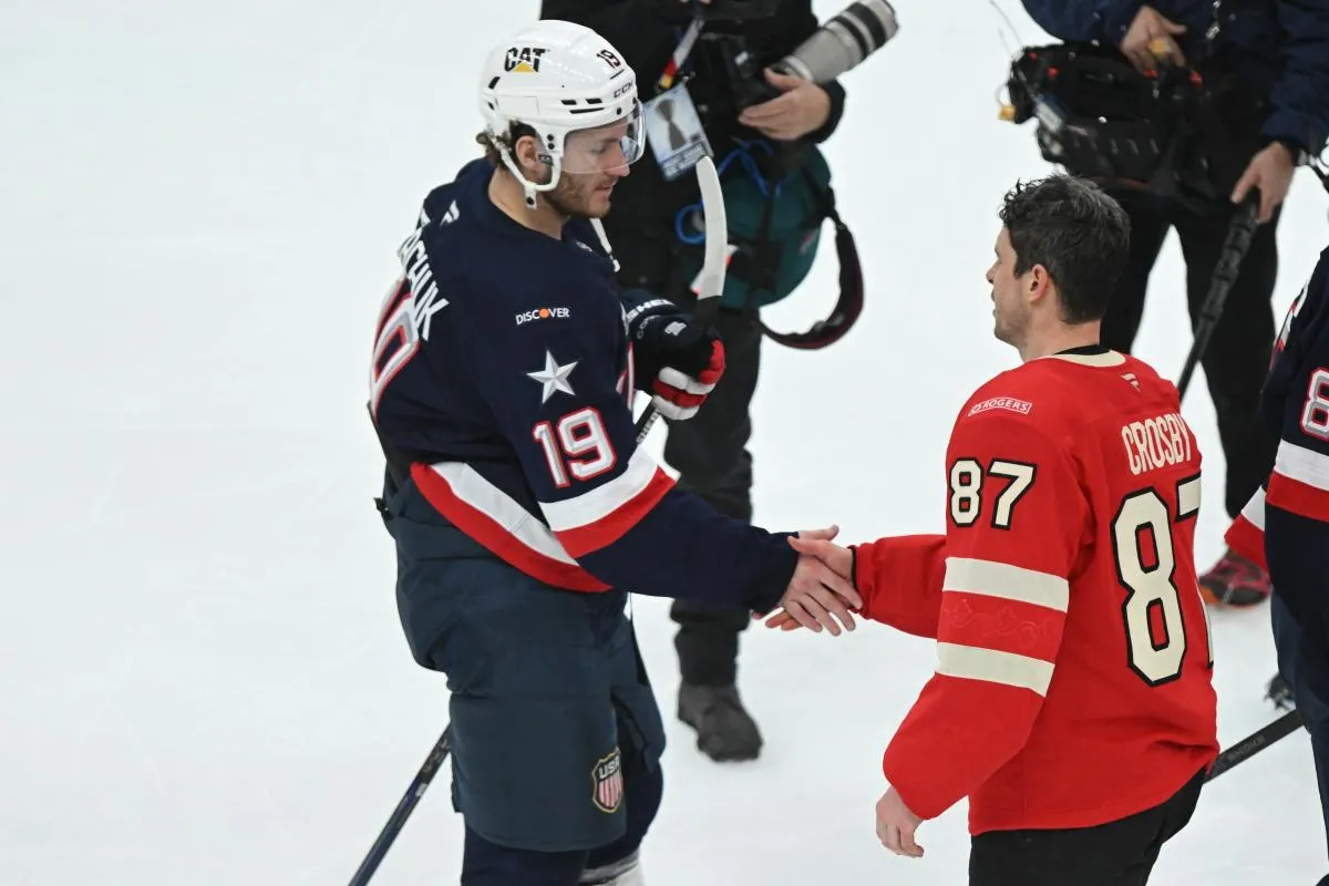 [Imagn Images direct customers only] Team USA forward Matthew Tkachuk (19) shakes hands with Team Canada forward Sidney Crosby (87) after overtime win by Team Canada during the 4 Nations Face-Off ice hockey championship game at TD Garden.