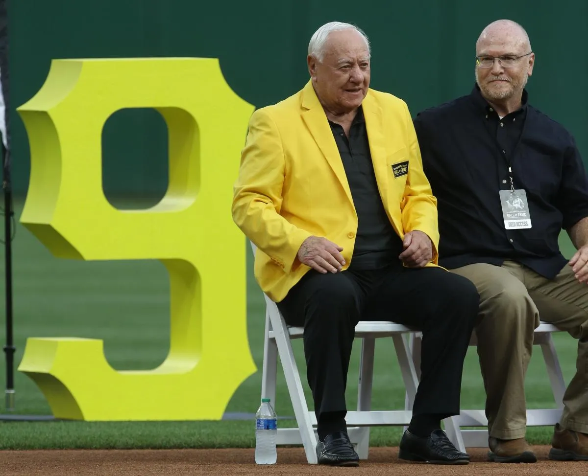 Pittsburgh Pirates former second baseman Bill Mazeroski (left) looks on during his induction into the Pirates Hall of Fame during a ceremony prior to the game against the Toronto Blue Jays at PNC Park.