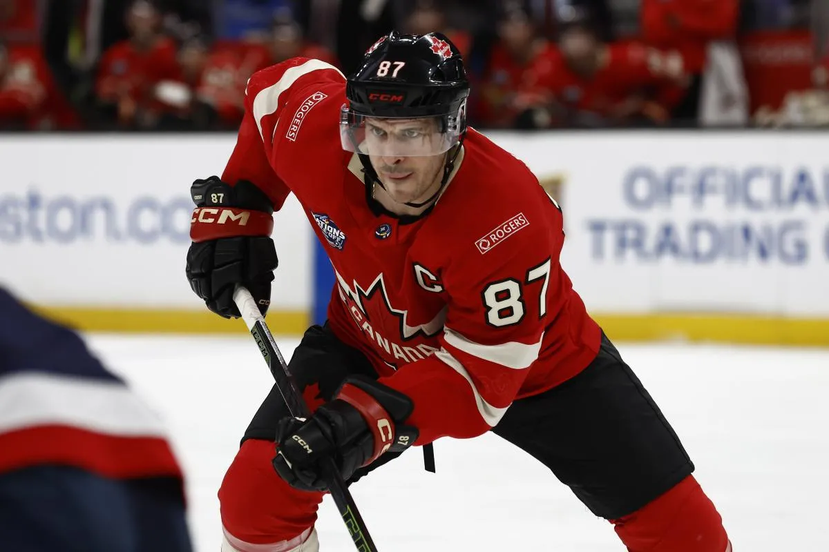 [Imagn Images direct customers only] Team Canada forward Sydney Crosby (87) during the 4 Nations Face-Off ice hockey championship game against the United States at TD Garden.