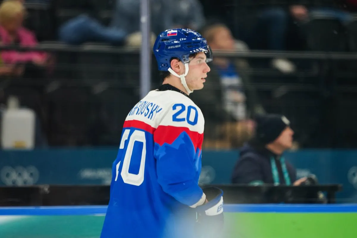 Juraj Slafkovsky (20) of Slovakia reacts after the game against Finland in the men's ice hockey bronze medal game during the Milano Cortina 2026 Olympic Winter Games at Milano Santagiulia Ice Hockey Arena.