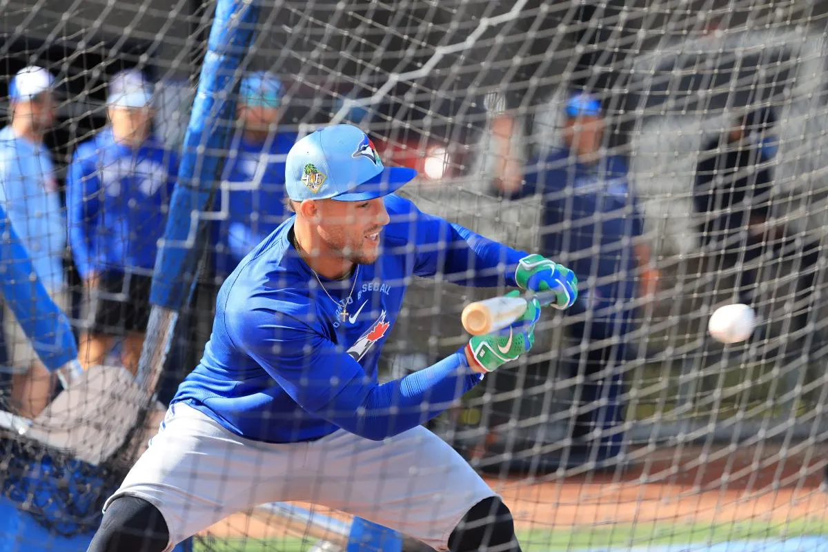 Toronto Blue Jays right fielder George Springer (4) works out during spring training practice at Player Development Complex.
