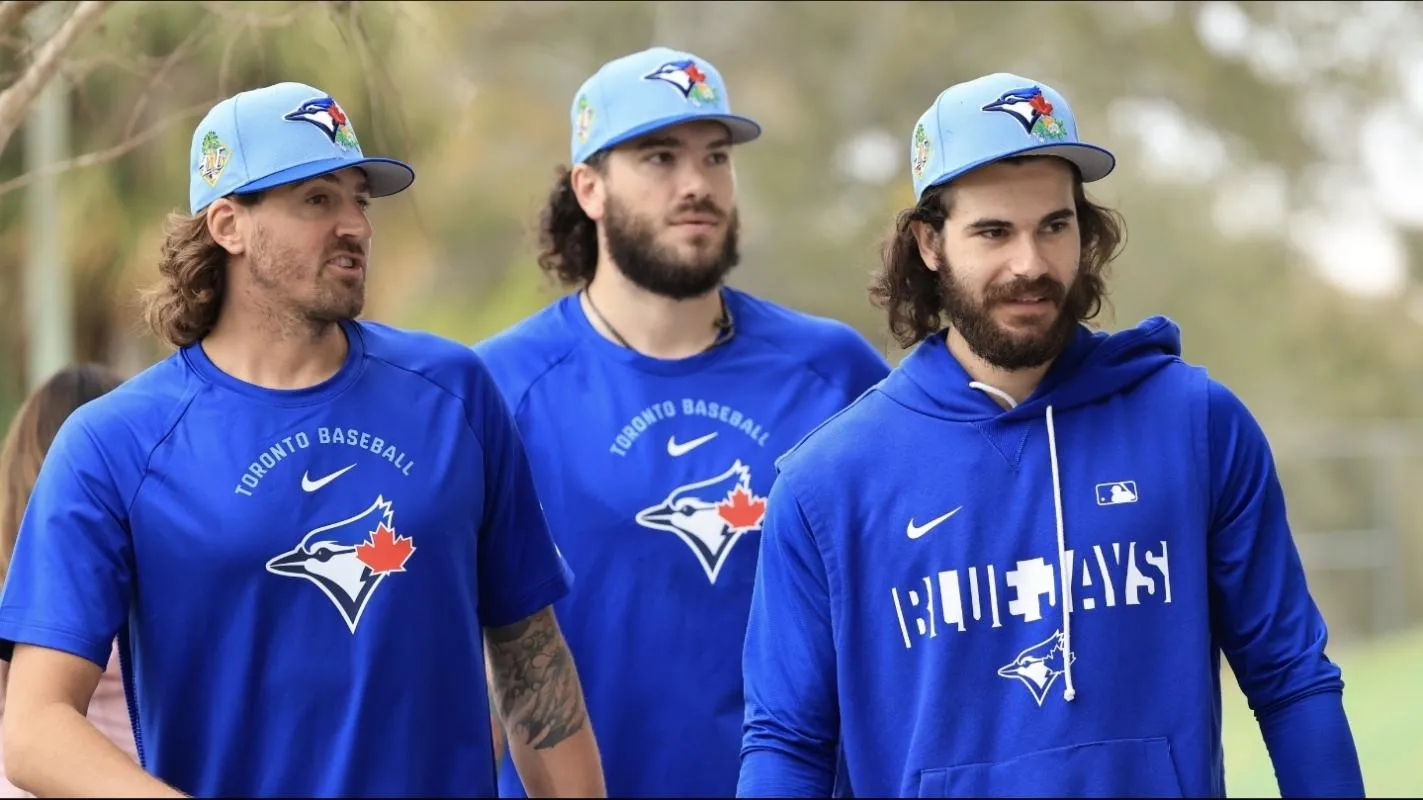 Toronto Blue Jays pitcher Kevin Gausman (34), pitcher Dylan Cease (84), pitcher Cody Ponce (37) workout for spring training practice at Blue Jays Player Development Complex.