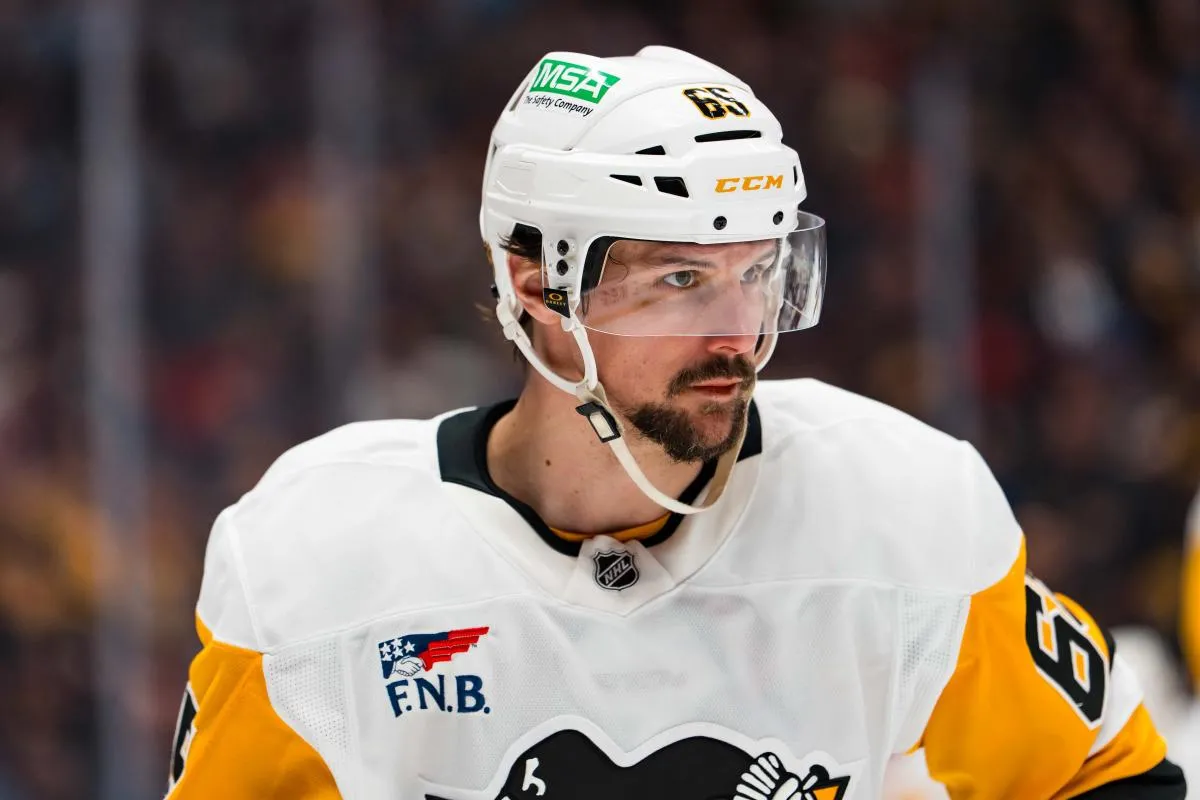 Pittsburgh Penguins defenseman Erik Karlsson (65) during a stop in play against the Vancouver Canucks in the second period at Rogers Arena.